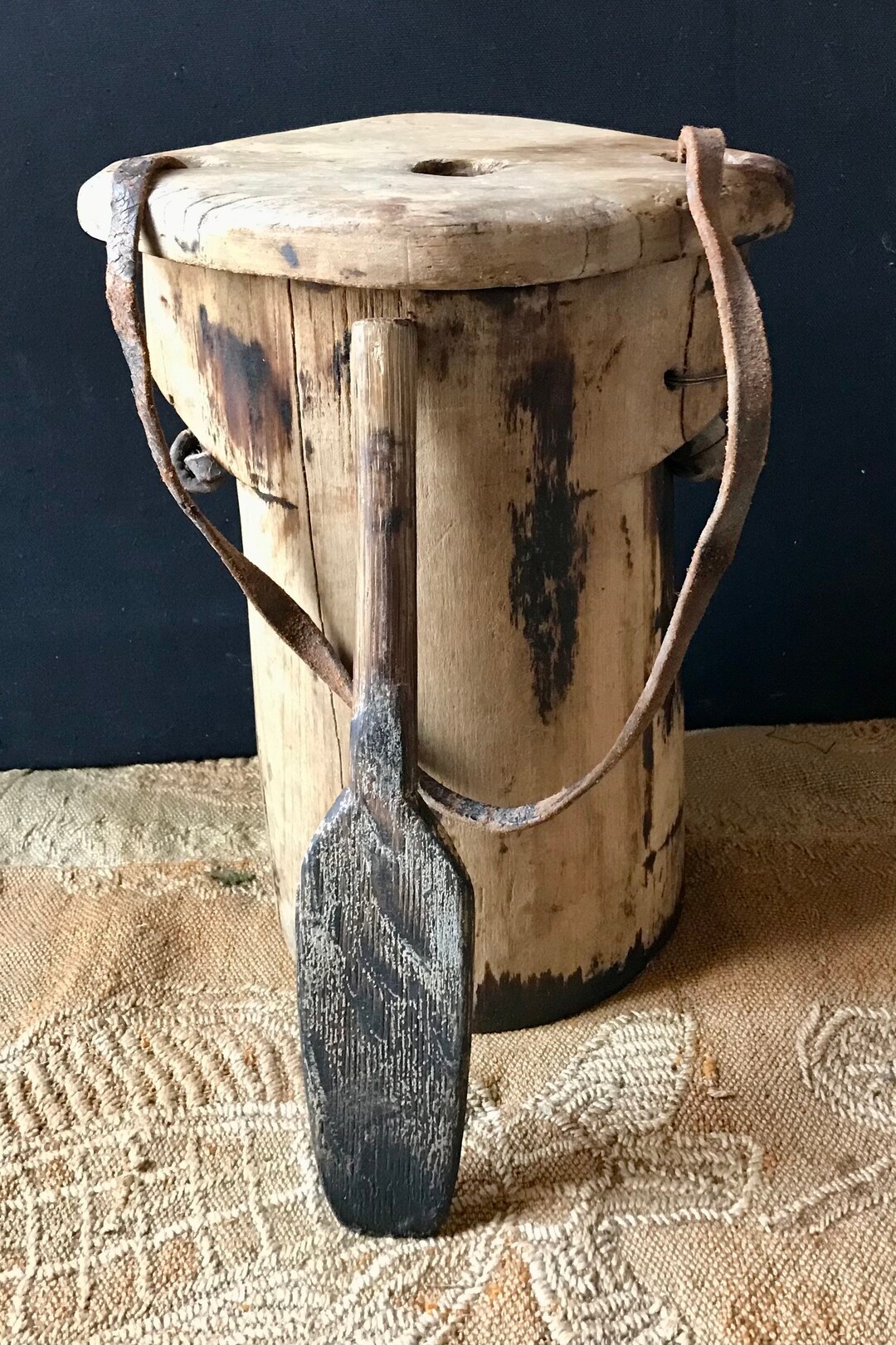 Antique Conestoga Wagon Grease Bucket, Wooden With Leather Strap Etsy