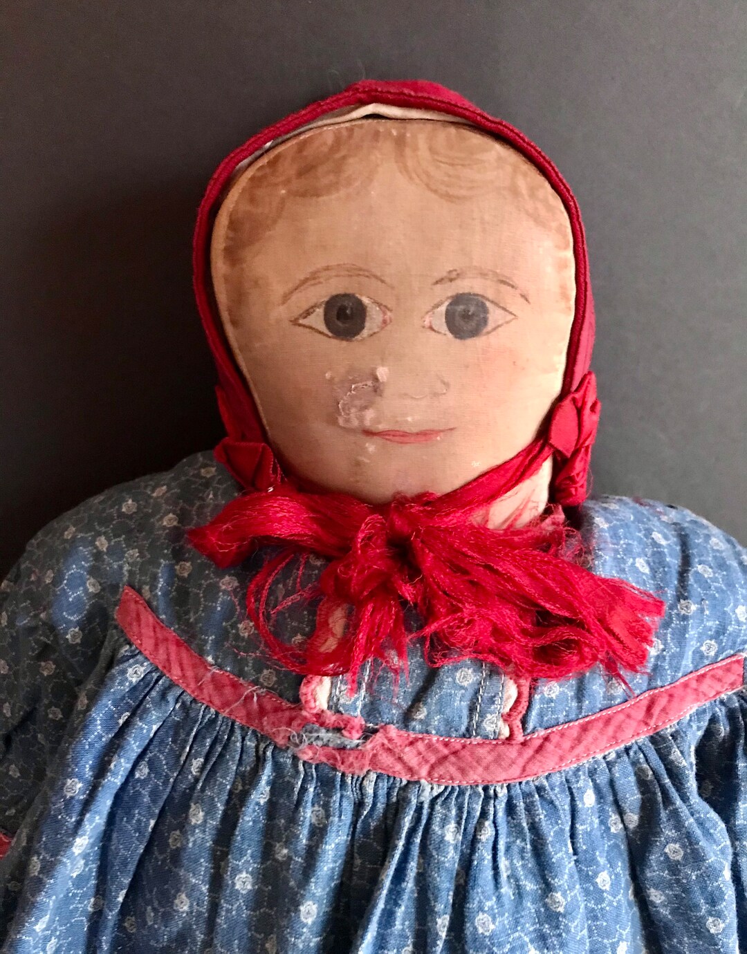 Antique Large Cloth Doll, Painted Face and Hair, 19 Etsy