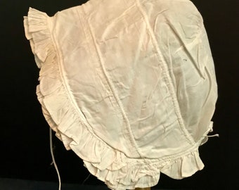 Antique White Cotton Baby Cap, Corded Drawstrings