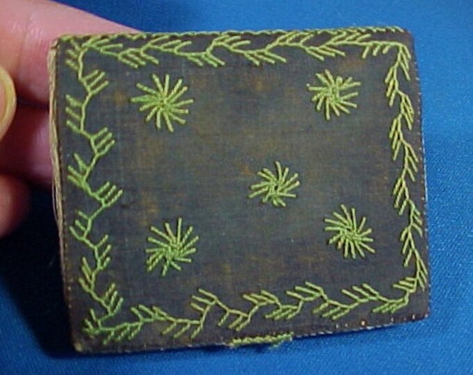 Antique Sewing Needle Case, Green Silk, Embroidered Initials and Stars