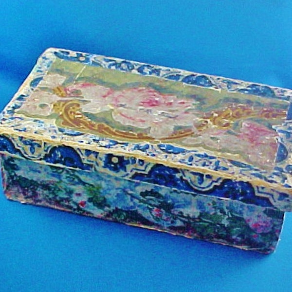 Antique Wallpaper Box, Vibrant, Rectangular, Hand Sewn Repair