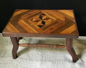 Antique Wooden Cricket Stool, Footstool, Inlaid Wood Top