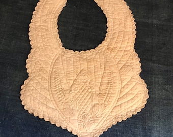 Antique Trapunto Quilted Baby Bib with Ayrshire Embroidery