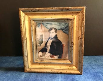 Antique Miniature Painting, Portrait of Man in Original Gilt Frame
