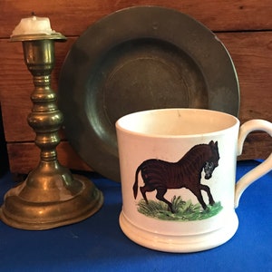 Antique Creamware Child&#39;s Mug, Zebra and Goat Transfers
