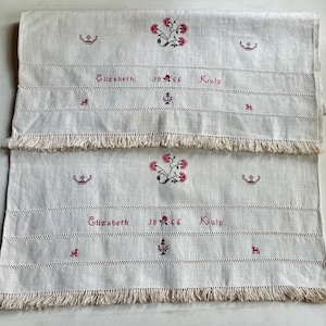 Antique Embroidered Homespun Linen Pillowcases, PA, Elizabeth Kulp, 1866, Provenance
