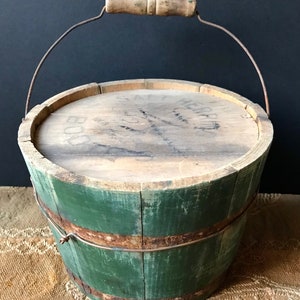 Antique Staved Painted Bucket, Green, Salt Herring, Make Do Repair