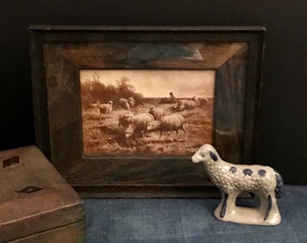 Antique Taber Prang Sepia Sheep Print in Oak Frame