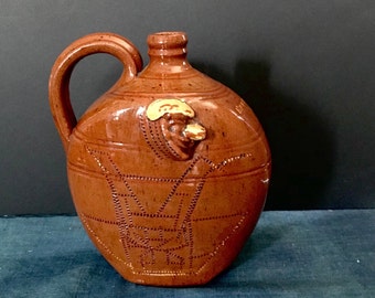 Antique English Folk Art Pottery Redware Face Jug, Incised Decorations, 1802