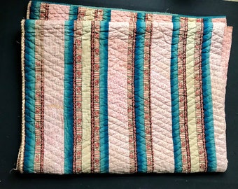 Antique Cotton Cloth Quilt, Pink and Blue Calicos, c. 1840, Darns