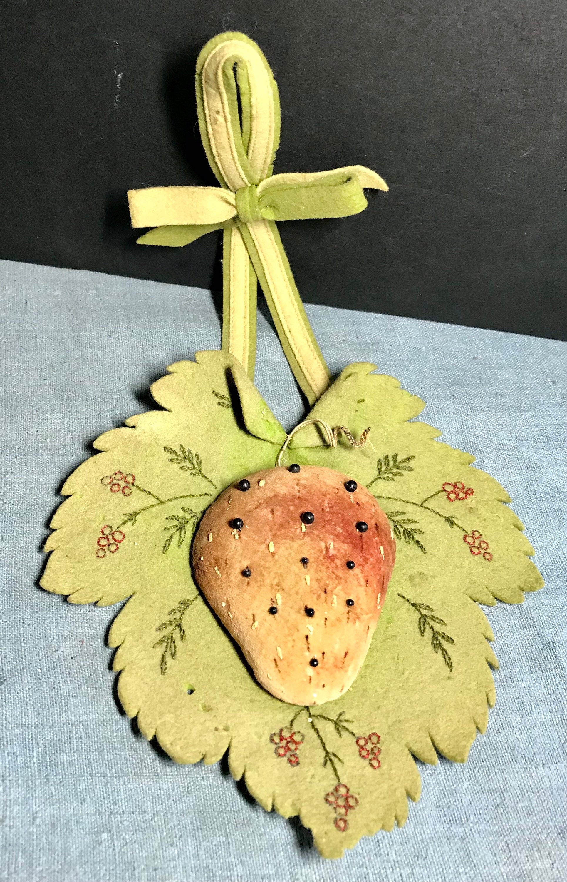Antique Velvet Theorem Strawberry Pincushion, Hanging with Embroidered Backing