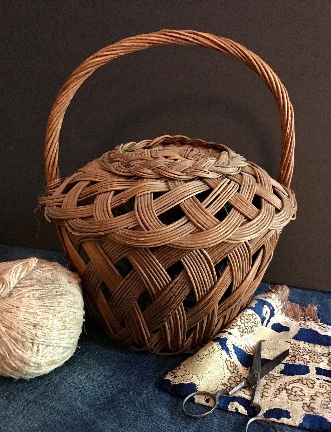 Antique Wicker Sewing Basket With Lid and Handle Etsy