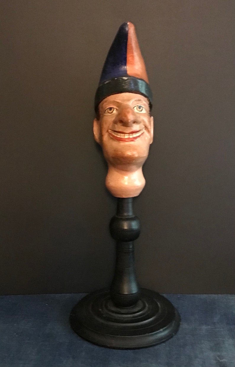 Antique Wooden Painted Puppet Head, Jester, Mr. Punch, On Wood Stand image 2