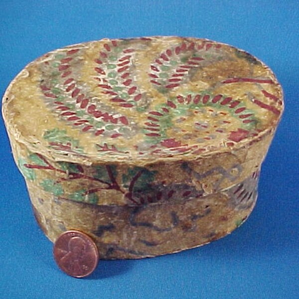 Reserved--Antique c 1820 Miniature Wallpaper Box, Top of Stack, Vibrant Colors, Hand Stitched