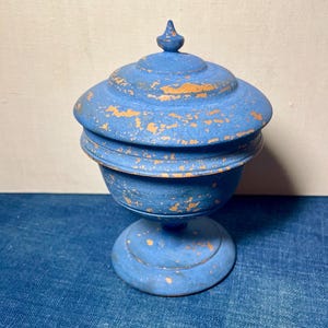 Antique American Turned Wood Jar in Blue Paint