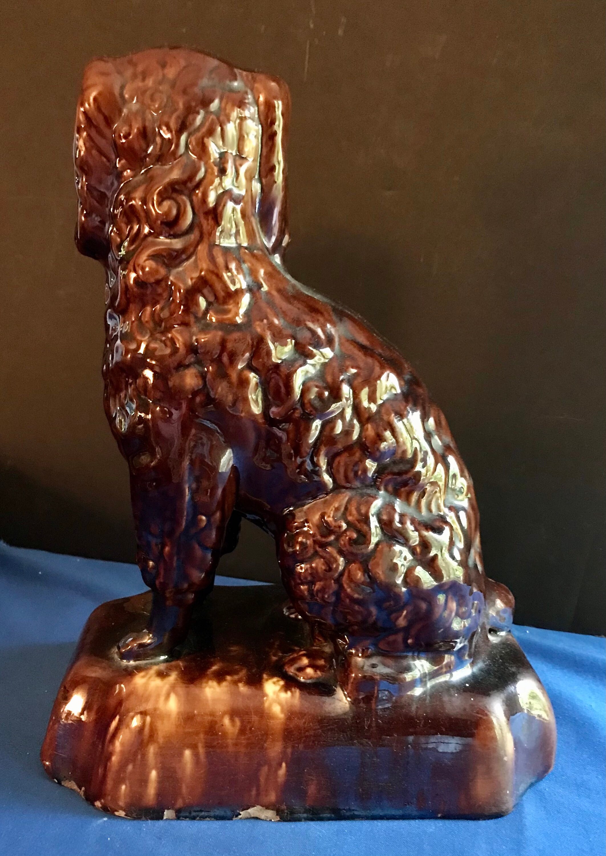 Antique Yellowware Pottery Spaniel Dog Doorstop, Bennington Glaze