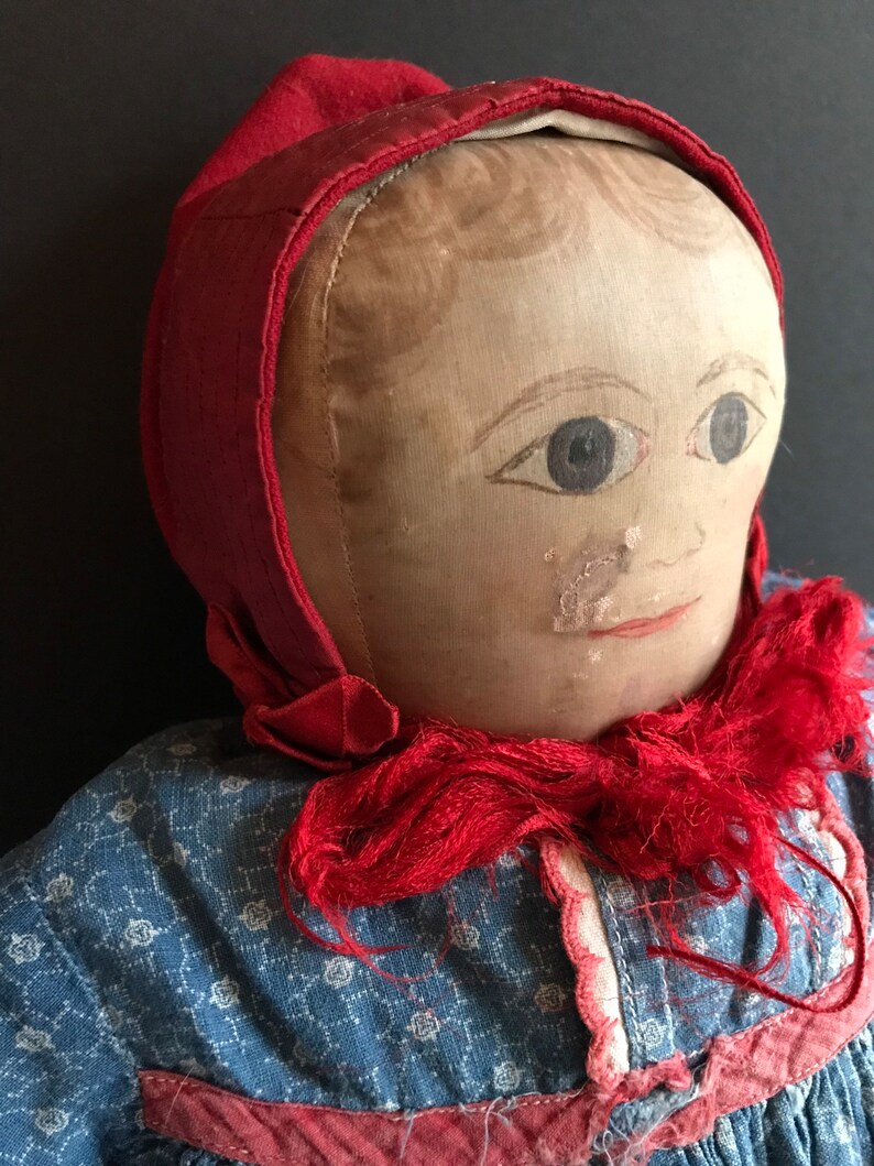 Antique Large Cloth Doll Painted Face and Hair 19 Etsy