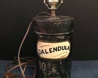 Antique Tin Apothecary Jar, Calendula, Turned into Lamp