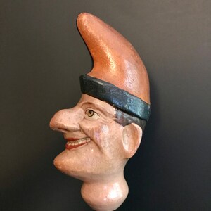 Antique Wooden Painted Puppet Head, Jester, Mr. Punch, On Wood Stand image 4