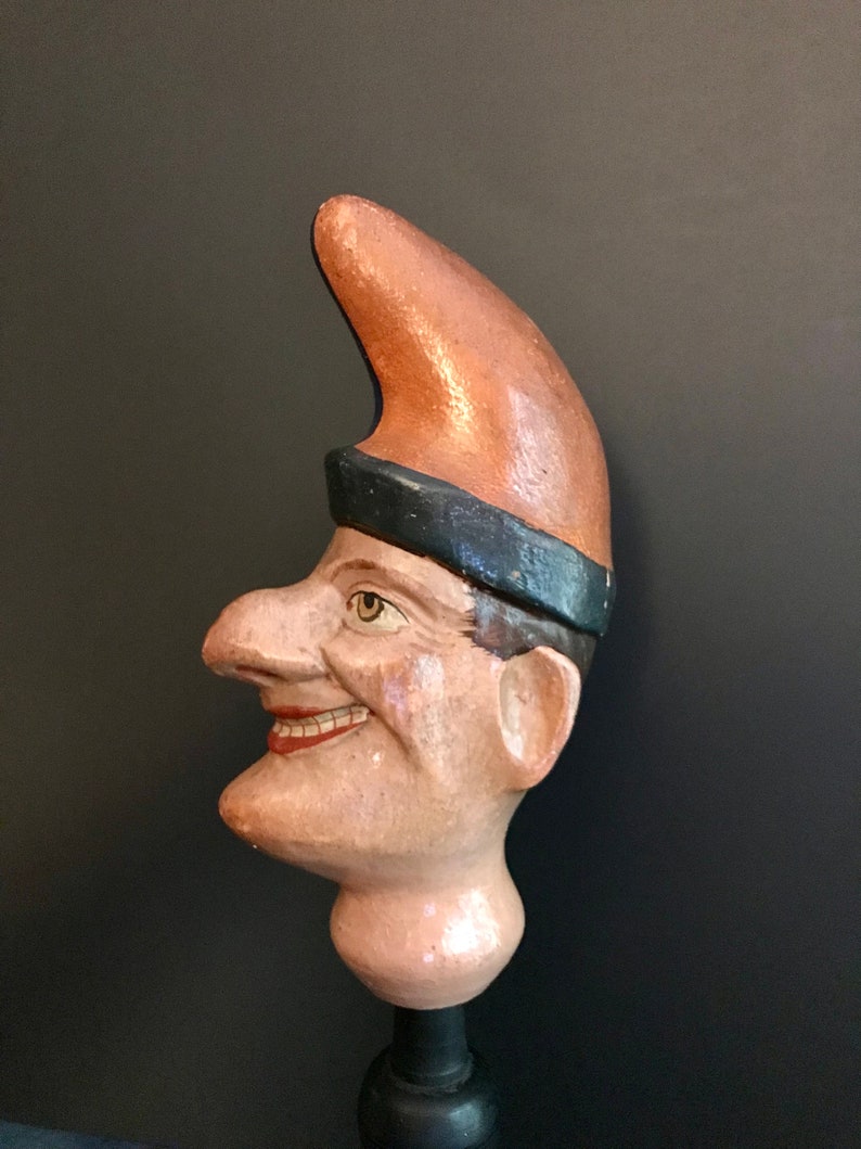 Antique Wooden Painted Puppet Head, Jester, Mr. Punch, On Wood Stand image 4