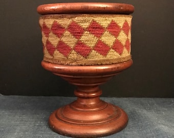 Antique American Wood Compote with Needlepoint Band