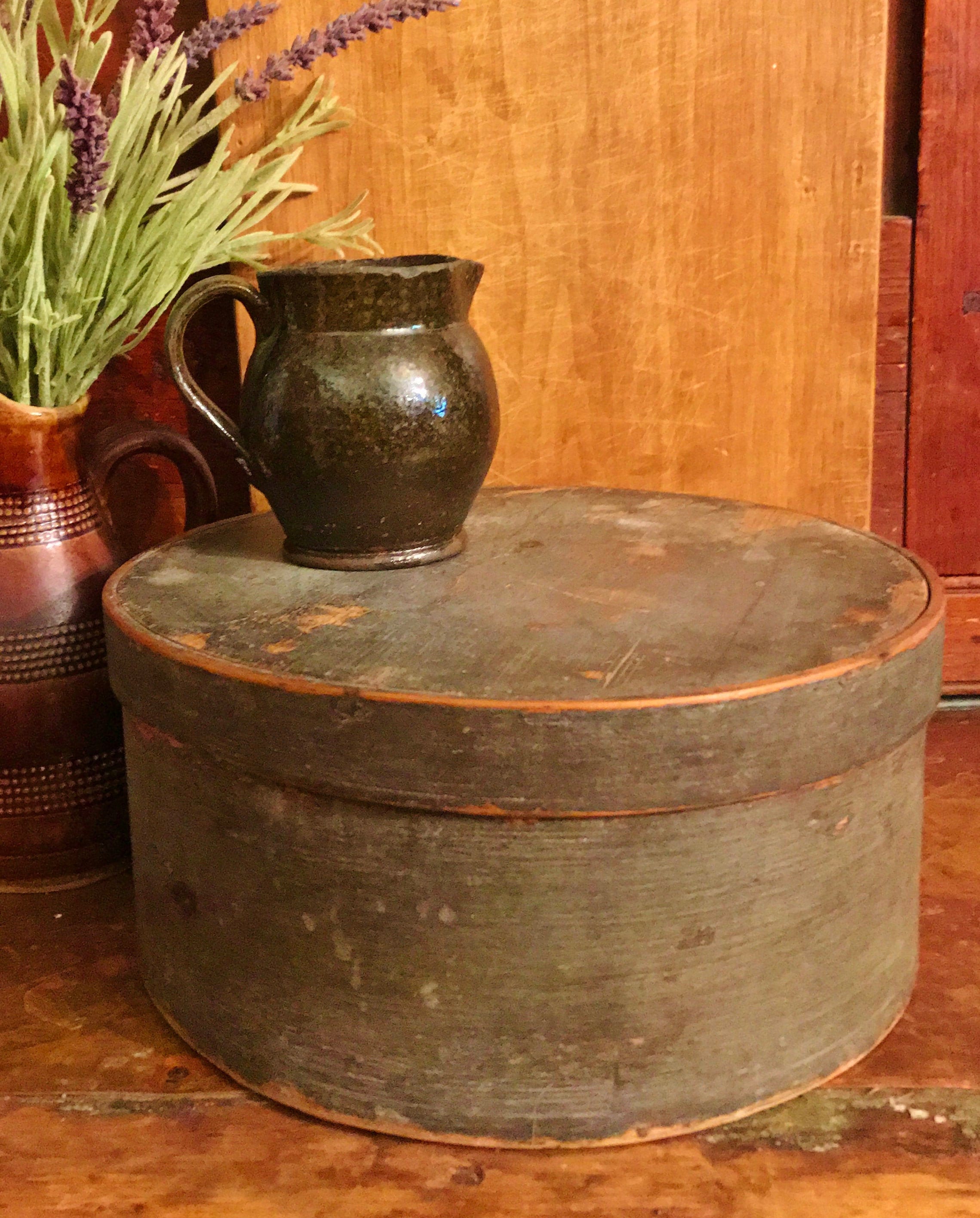 Antique Box Round Wooden Pantry Box Original GreenBlue Etsy