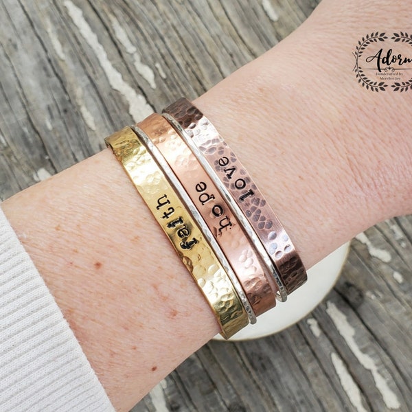 Personalized Stamped Cuff Bracelets: Build Your Stack! Mixed Metals, Varying Thickness, Brass, Copper, Patina Copper, Aluminum