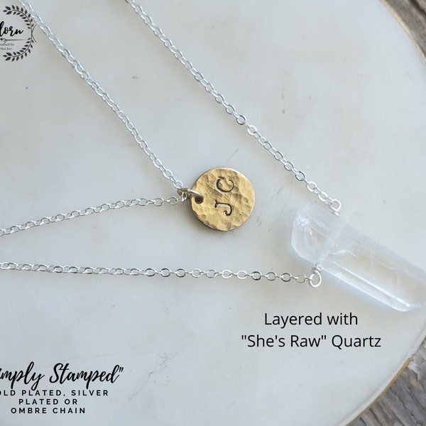 Simply Stamped Necklace-2 Letters of Choice or Heart or Cross on Brass Disc w/ your choice of Silver or Gold Chain Adorn Handcrafted