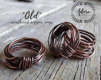 Old- Hand treated copper rings for him or her. Wire wrapped copper rings. Coiled ring, center wire wrapped, patina, vintage, rustic rings