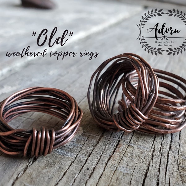 Old- Hand treated copper rings for him or her. Wire wrapped copper rings. Coiled ring, center wire wrapped, patina, vintage, rustic rings