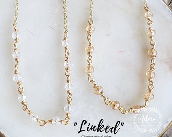 Dainty Linked Necklace , Layering Necklaces in Gold or Silver Plated, Faceted Crystal Beads, Adjustable Length, Adorn Handcrafted Jewelry