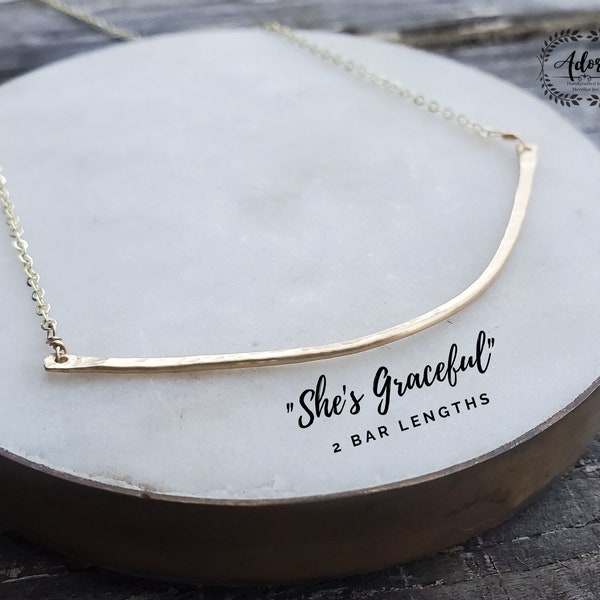 She's Graceful- Minimalist Hammered Brass Curved Bar Necklace--2 bar lengths available Adorn Handcrafted by Merrilee Joy