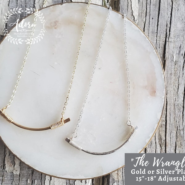 The Wrangler Necklace. Gold Plated, Copper or Silver Plated Curved Bar Necklace with Wire Wrap, Adjustable Length, Adorn Handcrafted Jewelry