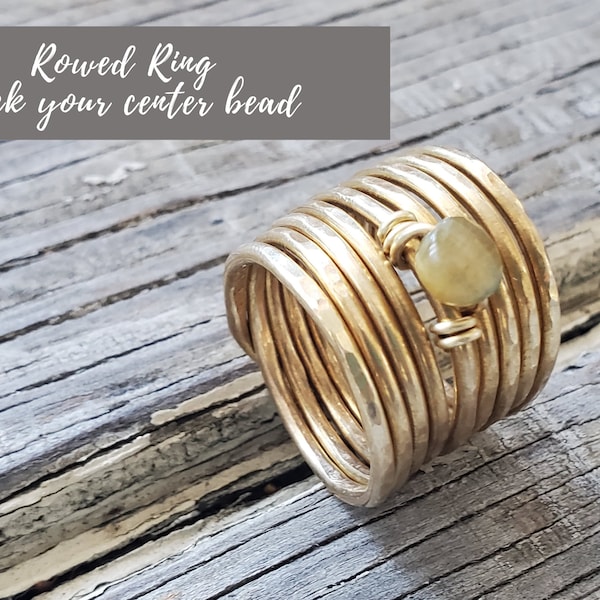 Rowed Ring w/ Center Bead- Wire Wrapped Ring w/ Center Bead of Choice-Brass, Copper, Silver Aluminum