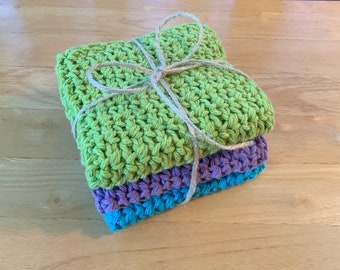 Crocheted Washcloths/Dishcloths - Lime Green, Lavender, Ocean Blue