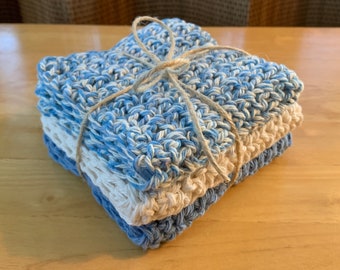 Crocheted Washcloths/Dishcloths - Speckled Blue/Beige, Soft Beige, Light Blue