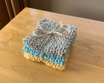 Crocheted Washcloths/Dishcloths - Light Blue, Butter Yellow, Confetti