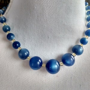 Vintage Costume Jewelry 1950s Graduated Blue Plastic Beaded Choker Necklace Pearlized Beads Lucite Spacers Original Clasp Mothers Day Gift