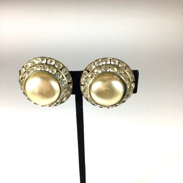 Vintage Statement Faux Mabe  Pearl Crystal Rhinestone Clip-On Earrings Big Costume 1950s Stunning Authentic Real Deal