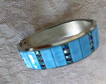 Vintage Rhinestone Blue Glass Bangle Bracelet, 1960s Cocktail Jewelry