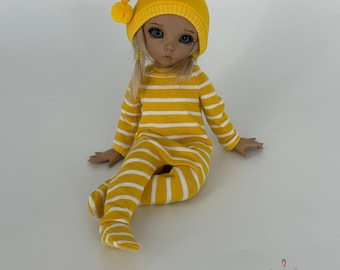Littlefee Pajamas Overall YOSD Doll Outfit, Footed Pajamas, BJD Clothes, Pink Striped Doll Outfit with Hat Option