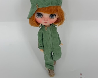 Middie Blythe Clothes Set, Green Corduroy Jumpsuit, Newsboy Cap, Leather Shoes, Handmade Doll Outfit, 20 cm Doll Clothing