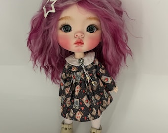 OOAK Custom BJD Doll 26 cm – Pink Hair Art Doll with Handmade Mohair Wig, 2 Outfits, Pacifier & Accessories