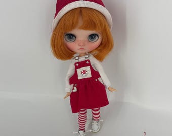 Mushroom Dress Set for Middie Blythe Doll | Red Corduroy Overall Dress, Bodysuit, Hat, Striped socks & Leather Shoes