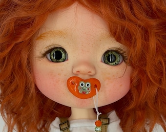 OOAK Custom BJD Doll 26 cm – Redhead Freckled Art Doll with Handmade Mohair Wig, 2 Outfits, Pacifier & Accessories