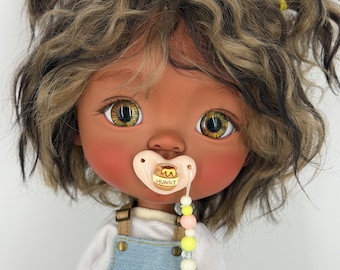 OOAK Custom BJD Doll 26 cm – Tan Skin Art Doll with Handmade Mohair Wig, Face Up, 2 Outfits, Pacifier & Accessories