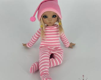 Littlefee Pajamas Overall YOSD Doll Outfit, Footed Pajamas, BJD Clothes, Pink Striped Doll Outfit with Hat Option