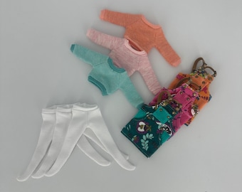 Middie Blythe Outfit Set • 20cm • Floral Pinafore + Sweater + Tights • Handmade Clothes