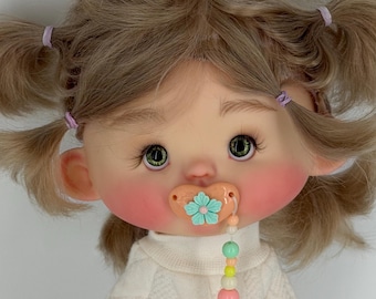 OOAK Custom BJD Doll 23 cm – Ash Blonde Art Doll with Handmade Mohair Wig, 2 Outfits, Pacifier & Accessories