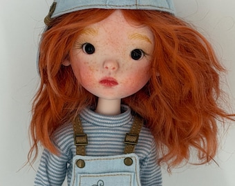 OOAK Custom BJD Doll 27 cm – Redhead Freckled Art Doll with Mohair Wig, 2 Outfits, Leather Shoes & Accessories